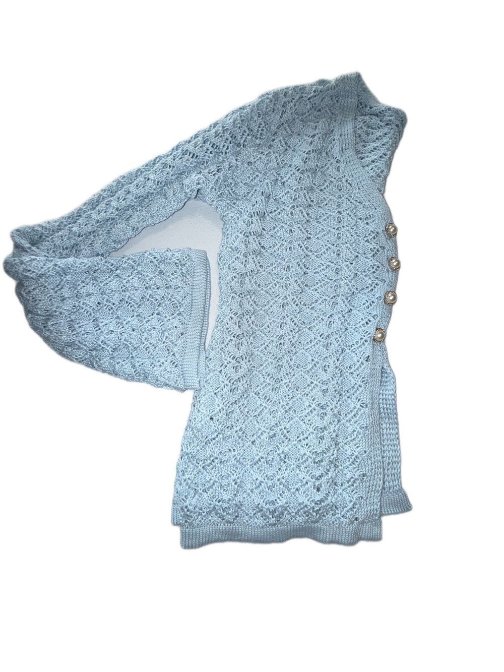CBR Light Blue Bell Sleeve Crochet Knit Cardigan Size Small Boho 3 Button - Picture 5 of 9